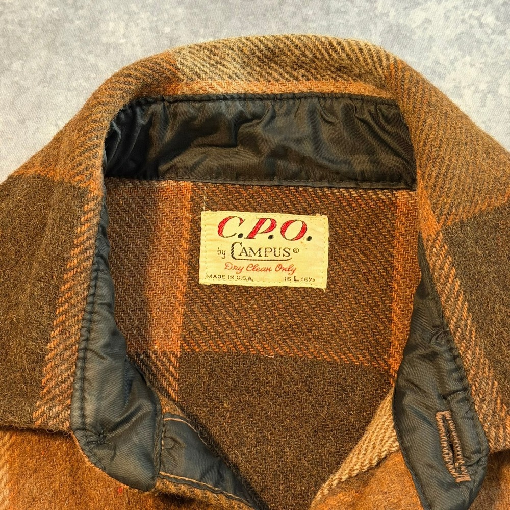 Vintage 60s 70s C.P.O. Campus Mens Brown Plaid Wool Blend Shirt Jacket L 16-16.5 - Picture 3 of 8